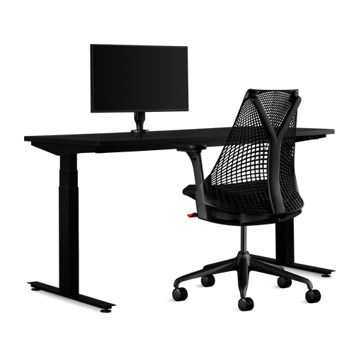 Herman Miller-gamingbundel met een Nevi zit-sta-bureau, Ollin-monitorarm en een zwarte Sayl-stoel.