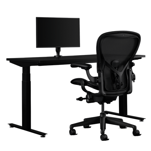 Herman Miller-gamingbundel met een Nevi zit-sta-bureau, Ollin-monitorarm en een Aeron-stoel maat C in onyxzwart.