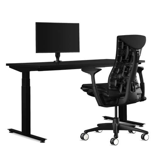 Herman Miller-gamingbundel met een Nevi zit-sta-bureau, Ollin-monitorarm en een Logitech G Embody-stoel in zwart.