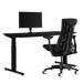 Herman Miller-gamingbundel met een Nevi zit-sta-bureau, Ollin-monitorarm en een Logitech G Embody-stoel in zwart.