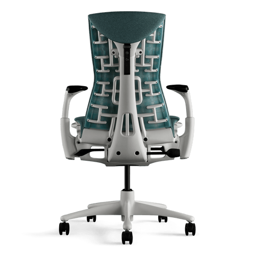 Zicht op de achterkant van een blauwgroene en witte Herman Miller X Logitech Embody-gamesstoel in Galaxy