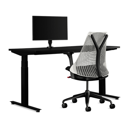 Herman Miller-gamingbundel met een Nevi zit-sta-bureau, Ollin-monitorarm en een Sayl-stoel in studiowit.