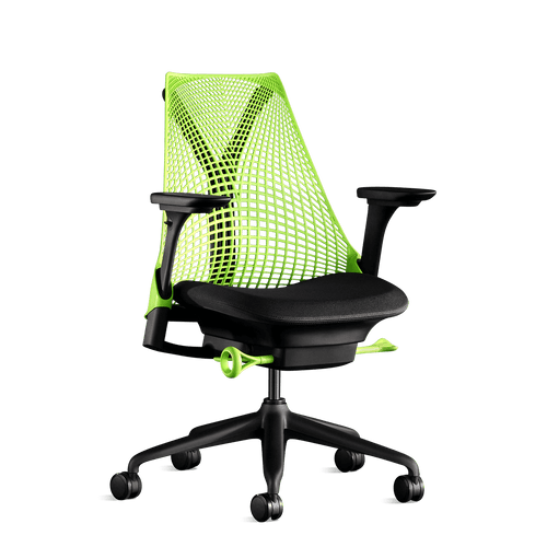 Vooraanzicht van een neon groen Sayl-bureaustoel van Herman Miller, ontworpen door Yves Béhar.