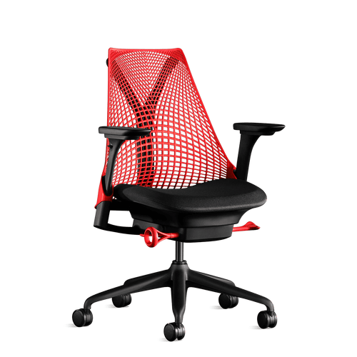 Vooraanzicht van een rood Sayl-bureaustoel van Herman Miller, ontworpen door Yves Béhar.