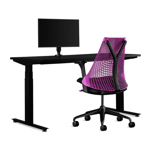 Herman Miller-gamingbundel met een Nevi zit-sta-bureau, Ollin-monitorarm en een Sayl-stoel in interstellair roze.