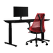 Herman Miller-gamingbundel met een Nevi zit-sta-bureau, Ollin-monitorarm en een rode Sayl-stoel.